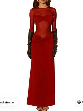Elegant Red Long-Sleeve Sheer Panel Evening Dress